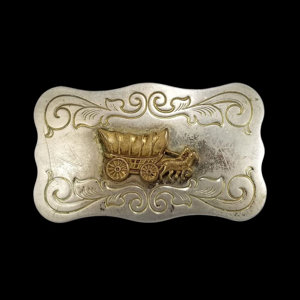 Vintage Chambers Belt Co Covered Wagon Nickel Silver Belt Buckle USA Made